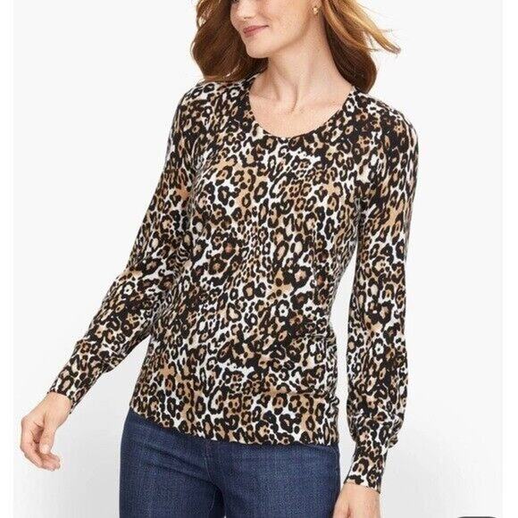 Talbots Extra-fine yarns Soft Merino V-Neck Sweater - Leopard Print SZ M - Picture 1 of 9